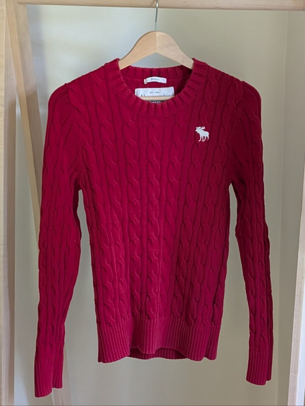 Vintage Abercrombie & Fitch Cable Knit Moose Embroidered Sweater In Cherry Red